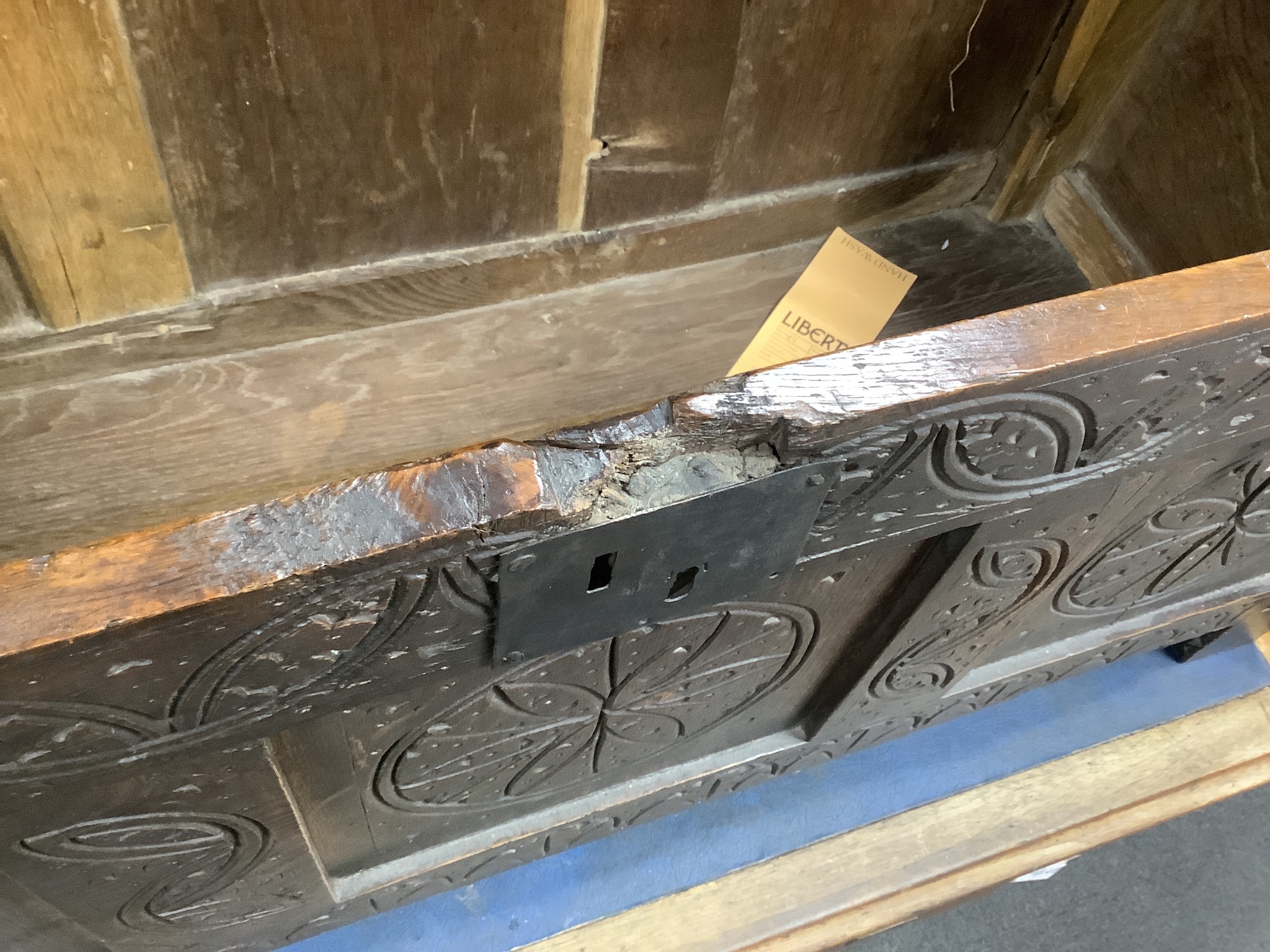 A late 17th century carved oak coffer, length 119cm, depth 46cm, height 54cm